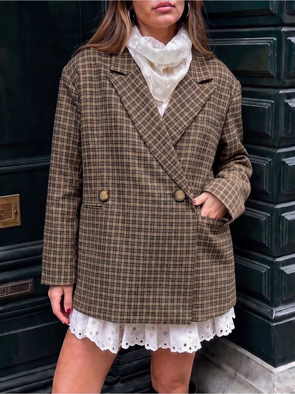 TANKANEO PLAID BLAZER | Women’s Oversized Double-Breasted Gingham - Brown